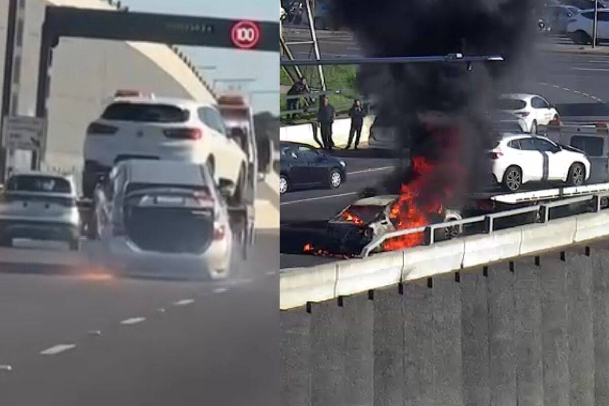 Article image for Unbelievable scenes on the M80 Ring Road as car hanging off tow truck catches fire