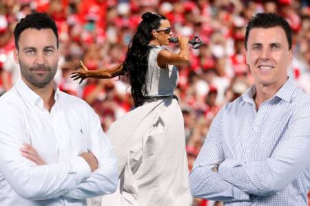 Jimmy Bartel and Matthew Lloyd react to Katy Perry’s performance at the AFL Grand Final